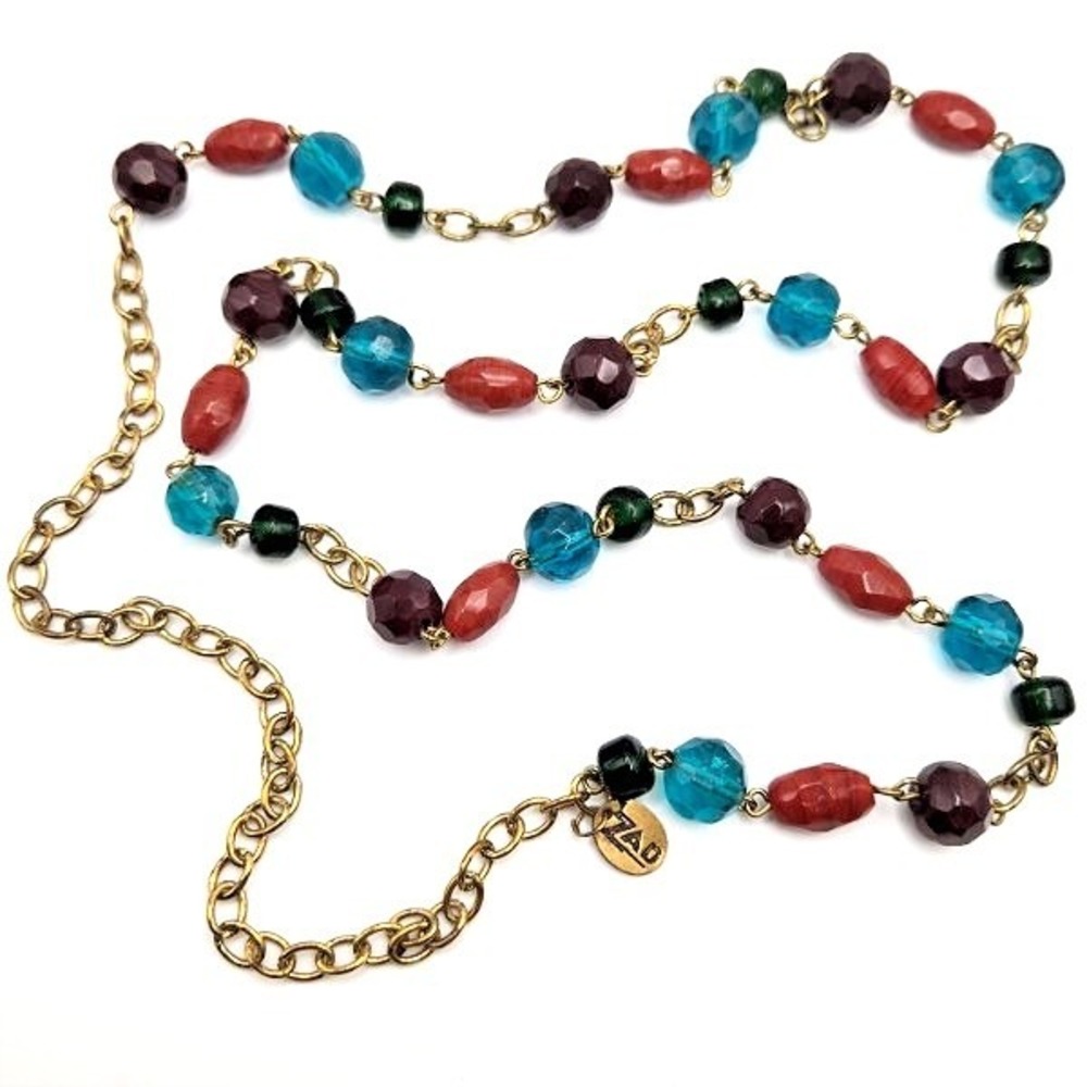 Zad‎ Muted Multicolor Glass Beads on Long Gold Tone Oval Link Chain Necklace